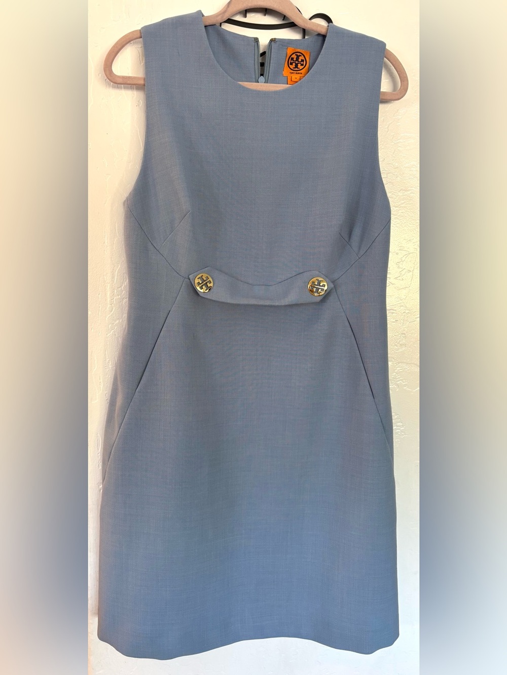 Tory Burch Sleeveless Shift Dress in Dusty Blue with Gold-Logo Buttons